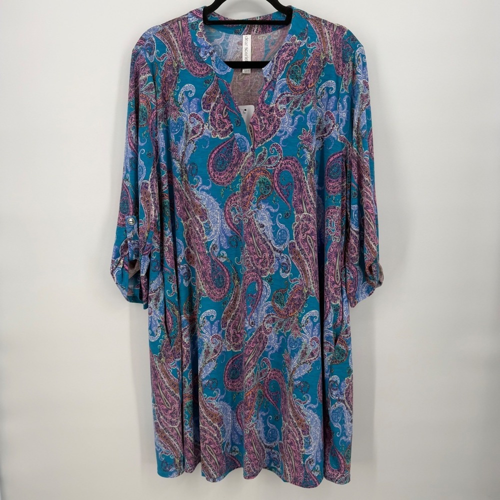 Dear Scarlett Teal Pink Paisley Roll‎ Tab Sleeve Shift Dress 2X Non Wrinkle